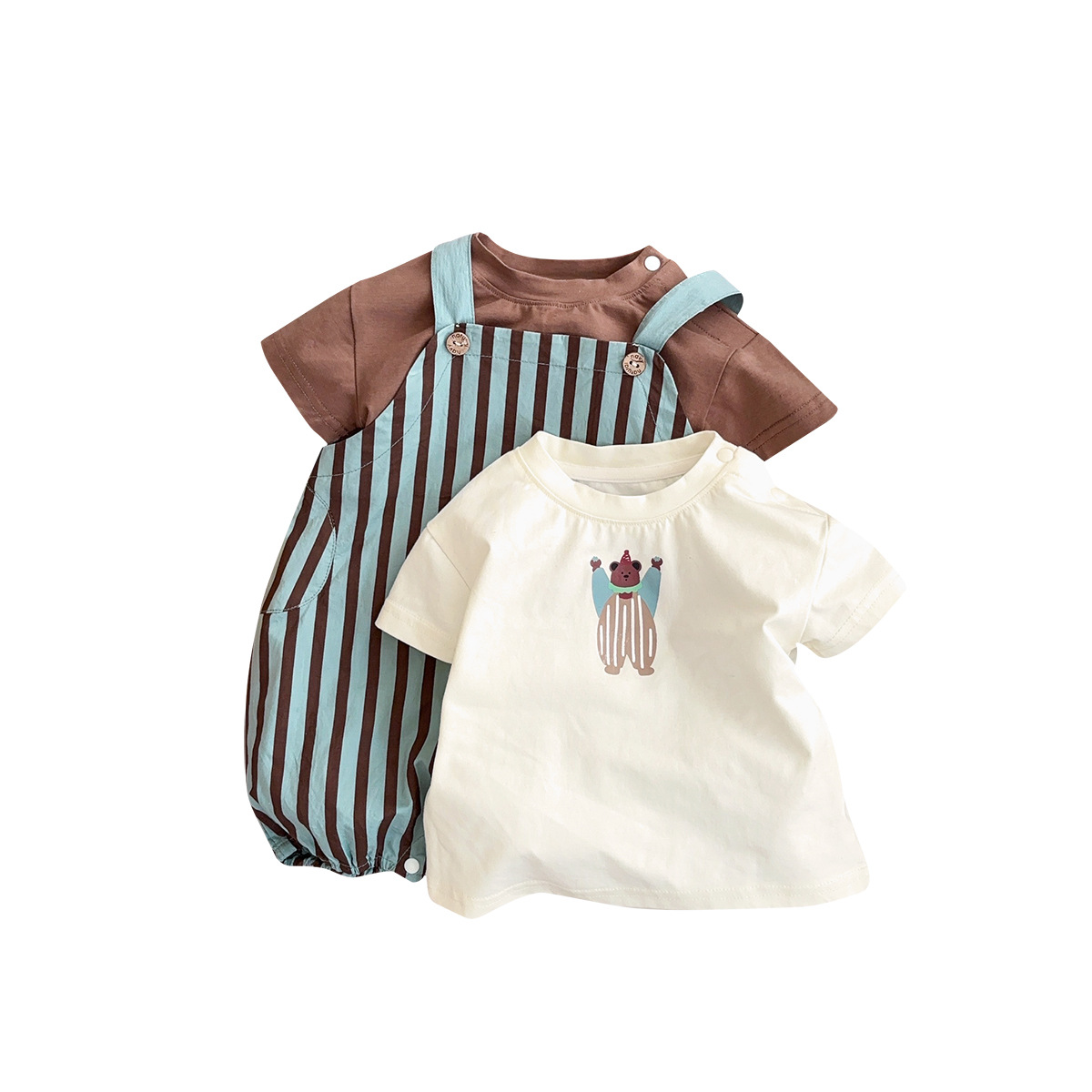 Youhe 2025 verano nuevo estilo babero a rayas traje de estilo occidental traje de salida para bebé traje de dos piezas de manga corta de color sólido