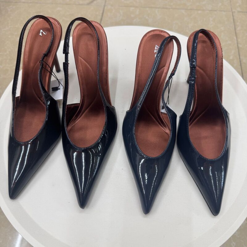 Spain 2026 Spring Fashion Professional Shallow Open-Back Shoes with Patent Leather Effect, Pointed Toe, Hollow Design, and Thin High Heels