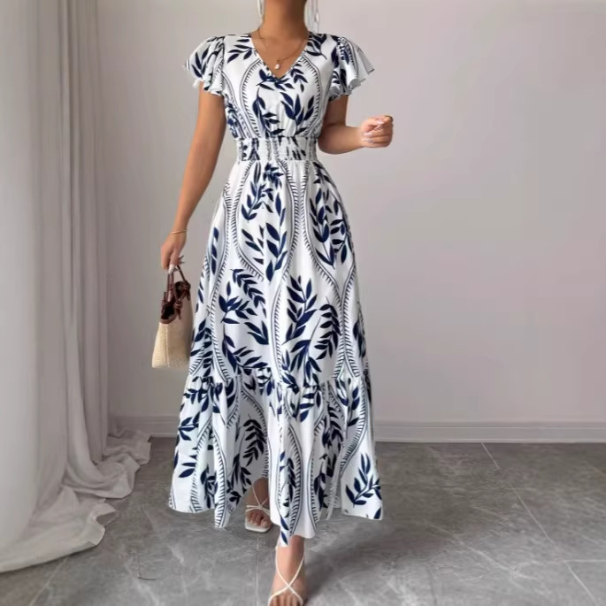 2026 Spring/Summer Amazon New Printed Ruffle V-Neck Sexy Slim Fit Long Dress Gown