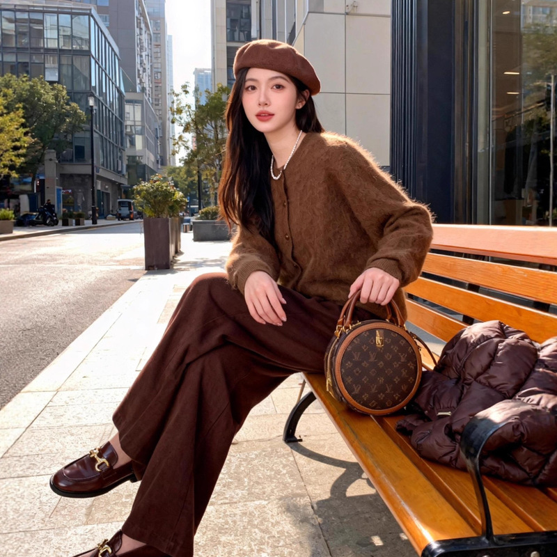 Korean Cashmere Brushed Sweater Round Neck Versatile Cardigan Jacket Women's Lazy Style Bottoming Shirt Cashmere Cardigan Women