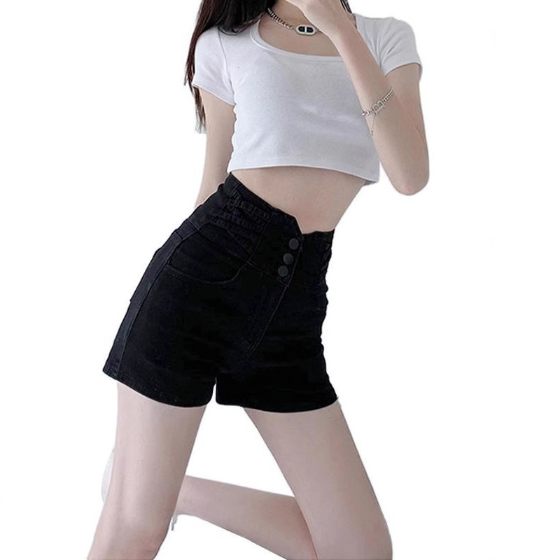 Summer Black Breasted Waist Belly Denim Shorts Women's Straight Style Wide Leg Hot Girl Pants