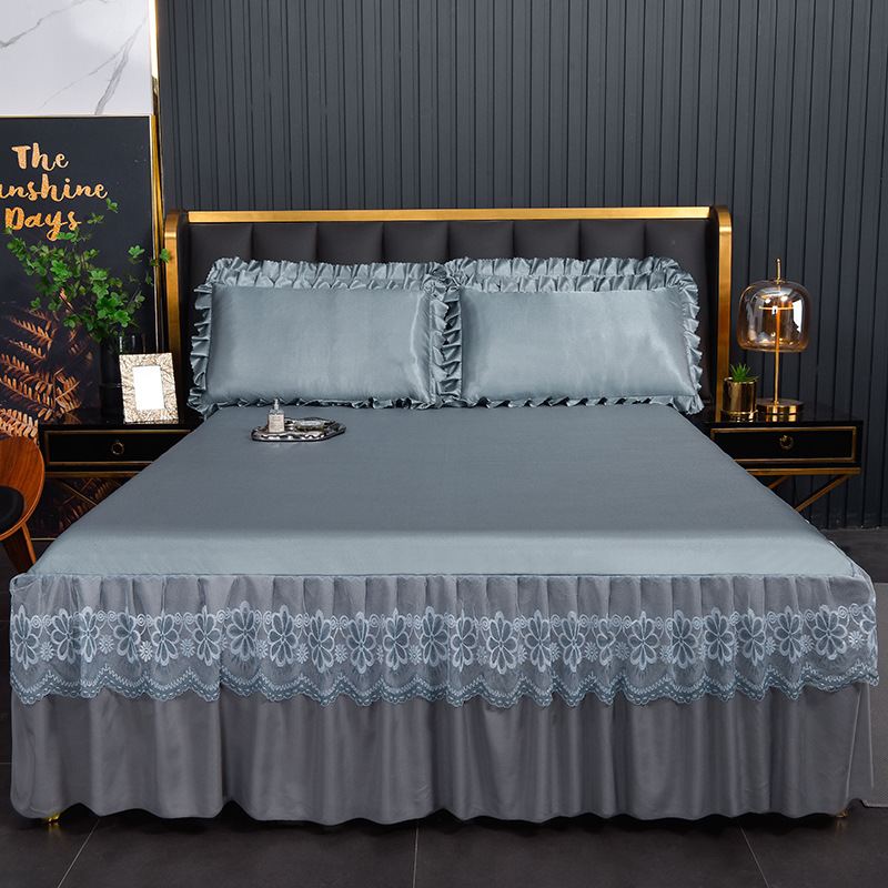 Verano transfronterizo nuevo estilo de seda fresca versión coreana de seda de hielo de color sólido falda de cama de tres piezas al por mayor (lavable a máquina)