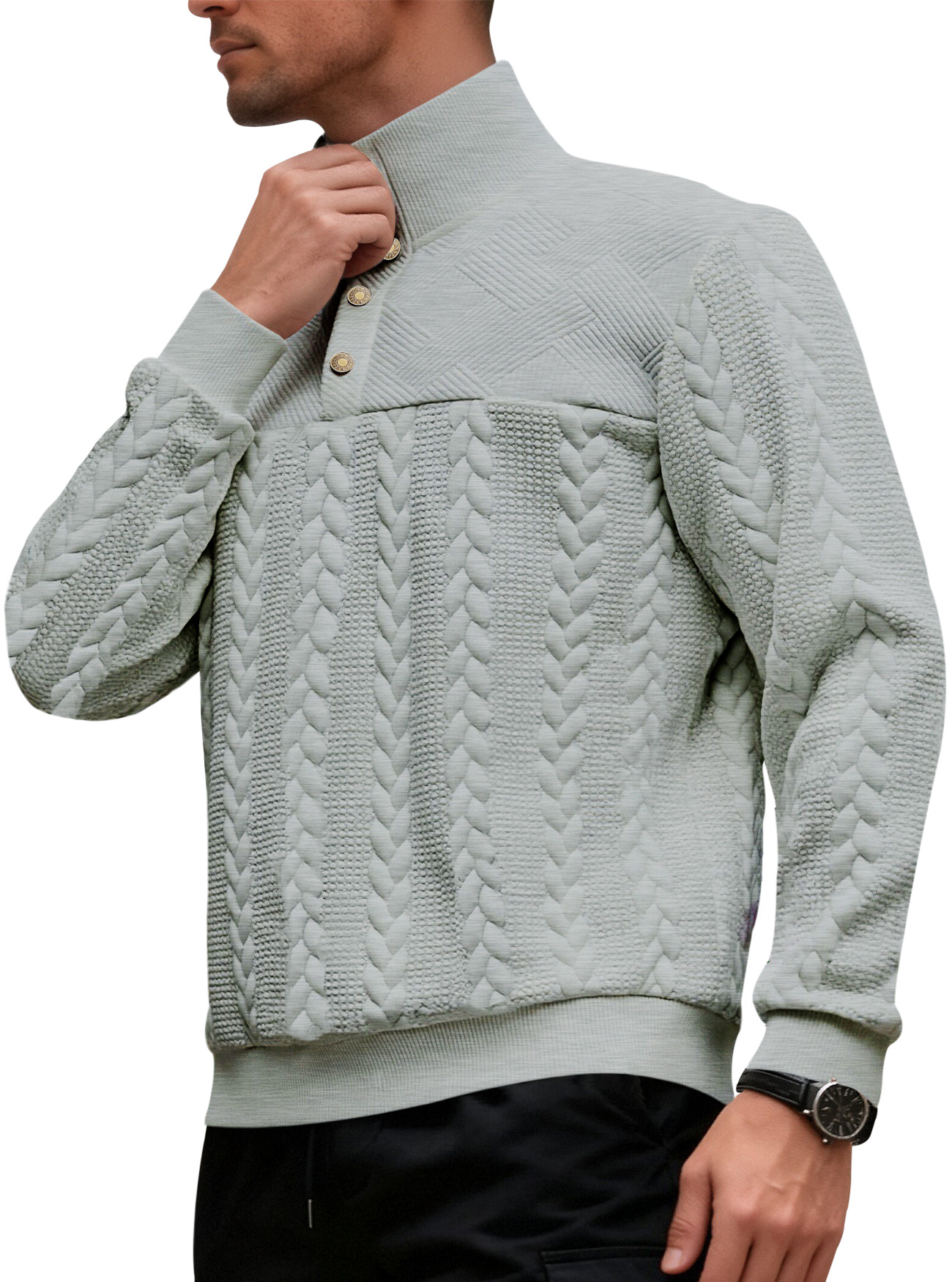 Pull en maille rétro pour homme col montant casual patchwork_voghion.com