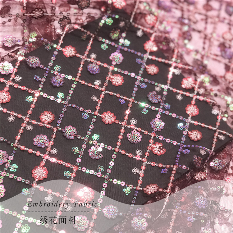 新品網紗方格疊片花朵亮片面料 箱包旗袍連衣裙婚紗禮服亮片面料