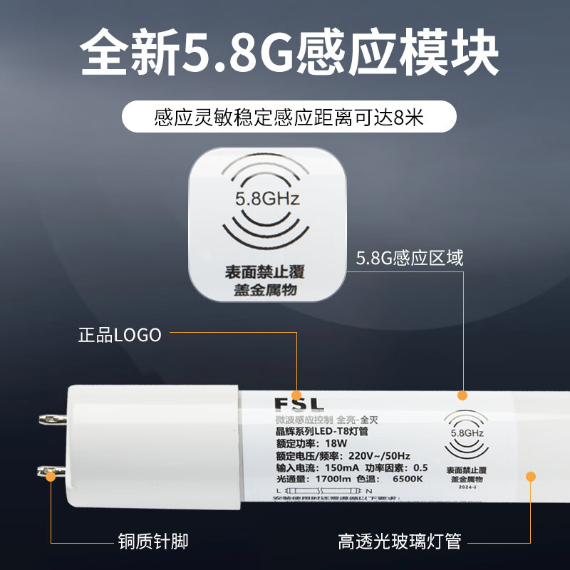 Tubo de luz LED con sensor de microondas FSL Foshan Lighting T8, tubo fluorescente con sensor de radar para detección de movimiento humano, súper brillante, juego completo de soportes.