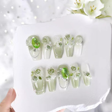 纯手工穿戴甲精品美甲贴片成品批发夏日青提贵橄榄高级感假指甲片