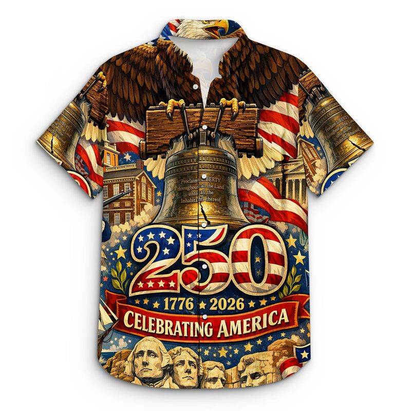 250Th Anniversary of the Founding of the United States Hawaiian Shirt with Statue of Liberty and Eagle Print Casual Short Sleeves