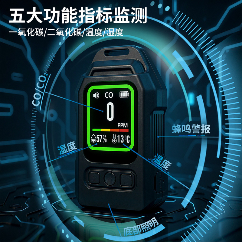 气体检测仪跨境磁吸便携一氧二氧化碳温湿度监测浓度照明报警器|undefined