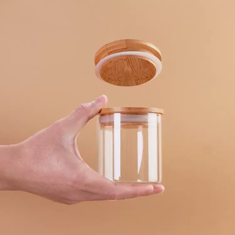 直径75*80mm竹盖玻璃罐食品收纳带盖茶叶密封罐logo