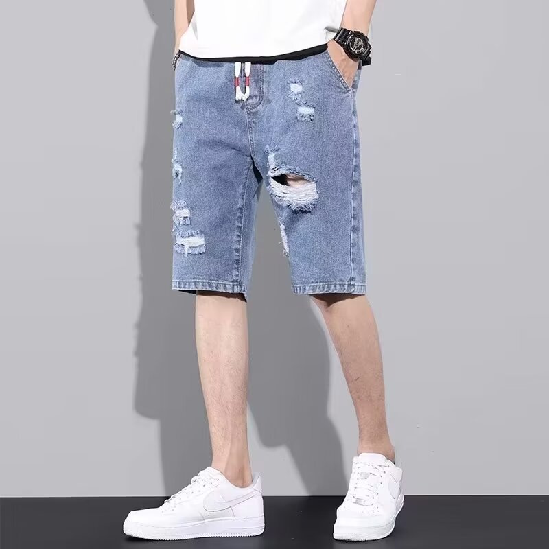 Pantalones cortos de mezclilla rotos para hombres pantalones rectos sueltos delgados de verano de cinco puntos marca de moda pantalones casuales ins 2024 nuevo estilo