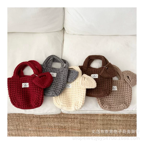 Korean Style Children's New Personalized Mother-In-Law Bag Knitted Handbag for Going Out and Shopping, Children's Versatile Open Bag