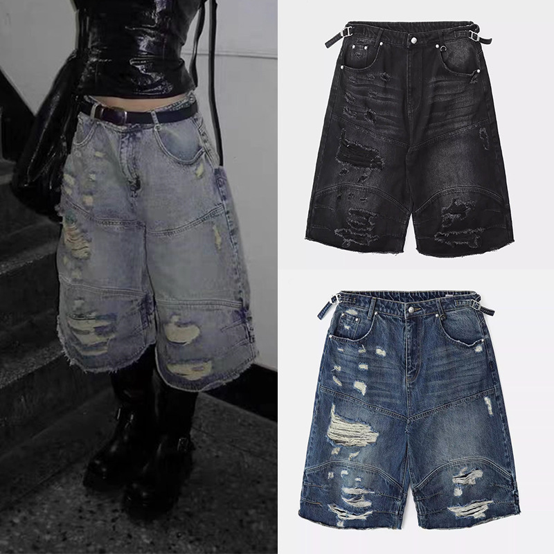Badblood American Retro Ripped Jeans Street Casual Casual Mid-Pants Sexy Washed Wide-Leg Cropped Pants Badblood American Retro Ripped Jeans Street Casual Casual Mid-Pants Sexy Washed Wide-Leg Cropped Pants