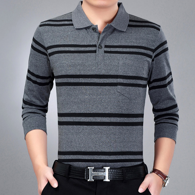 Spring and autumn men's long sleeve T-shirt striped lapel middle-aged and elderly casual men's cotton middle-aged and elderly T-shirt a generation of hair Spring and autumn men's long sleeve T-shirt striped lapel middle-aged and elderly casual men's cotton middle-aged and elderly T-shirt a generation of hair