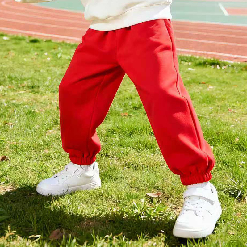 儿童加绒红色裤子 女童男童运动裤春秋冬款小学生练功舞蹈裤白色