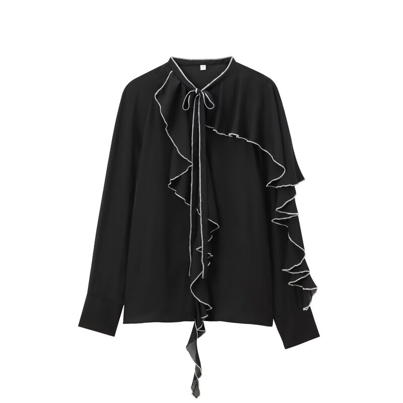 Cross-border European and American women's clothing 2024 autumn lace design contrast color details laminated decorative shirt Amazon wholesale