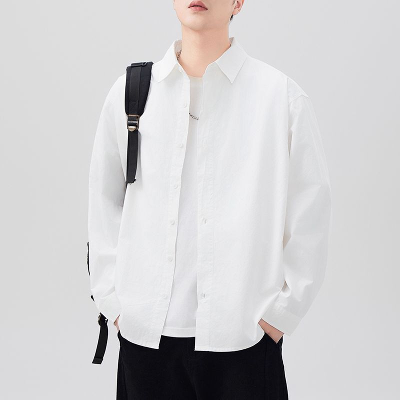 High-End Men's Long-Sleeved Shirt Japanese Style Retro Spring & Fall New Pure Cotton Pure Color American Lapel Work Clothing Shirt for Men