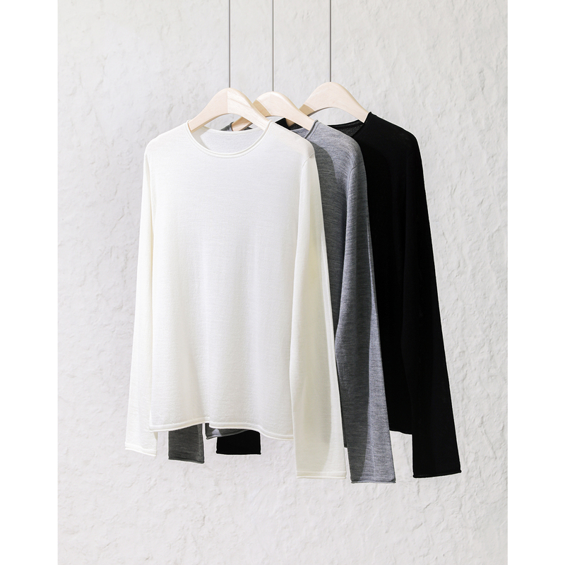 Black Technology Machine Washable [Fine Wool/Seamless One-Piece] Rolled Edge Round Neck Long-Sleeved Knitwear