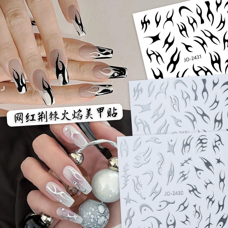 Internet Celebrity Thorn Flame Nail Stickers 2026 New Model Gold, Silver, Black and White Irregular Nail Stickers Small Pattern Hot Trend