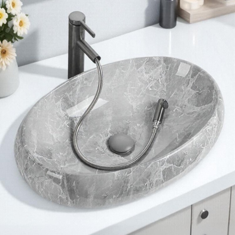 Gray Marble Countertop Basin Ceramic Art Wash Basin Single Basin Bathroom Wash Basin Balcony Oval Basin