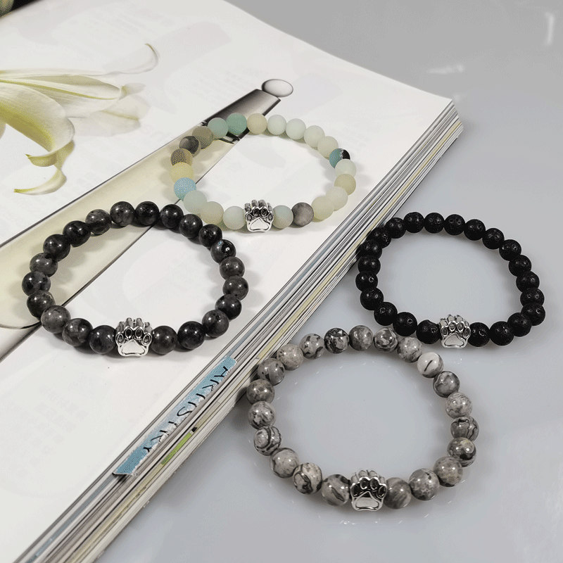 欧美亚马逊跨境黑磨砂绿孔雀石手串时尚男女狗爪弹力情侣手链批发