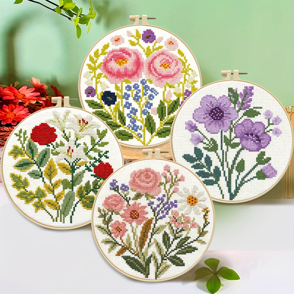 Fábrica directa transfronteriza nueva pieza de bordado cruzado floral de cuatro piezas conjunto de principiantes bordado cruzado DIY hecho a mano image 1