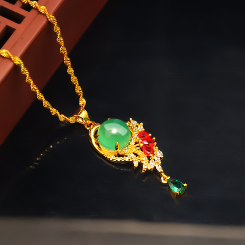 Fashionable influencer live streaming sand gold peacock green agate pendant for women, imitation 24k gold simple necklace accessories wholesale