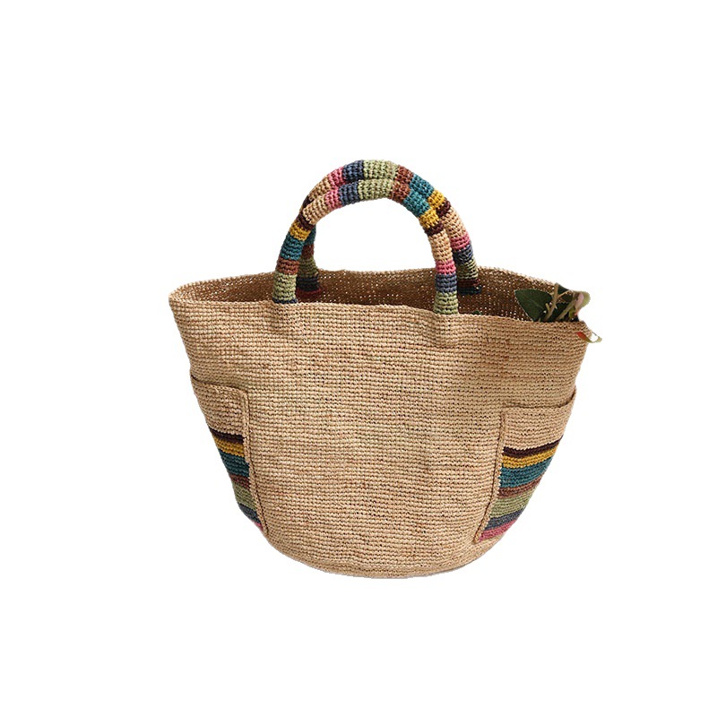 Luxury Raffia Hand-Woven Tote Bag - New Fashion Colorful Outer Pocket Woven Bag For Women, Beach Vacation Bag - Thumbnail 5
