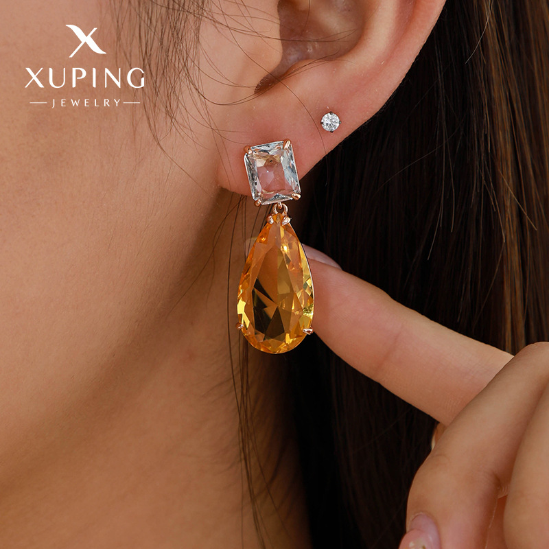 Serie xuping caibao joyas europeas y americanas pendientes de hielo a través de pendientes amarillas en forma de gotas de agua pendientes de alta costura pendientes largas