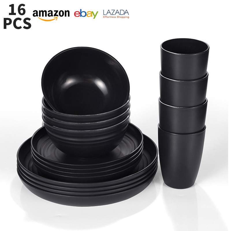 Cross-border Wheat Straw PP Plate Bowl Cup Set Household Thickened Black Plate Bowl Cup 16-piece Tableware Set