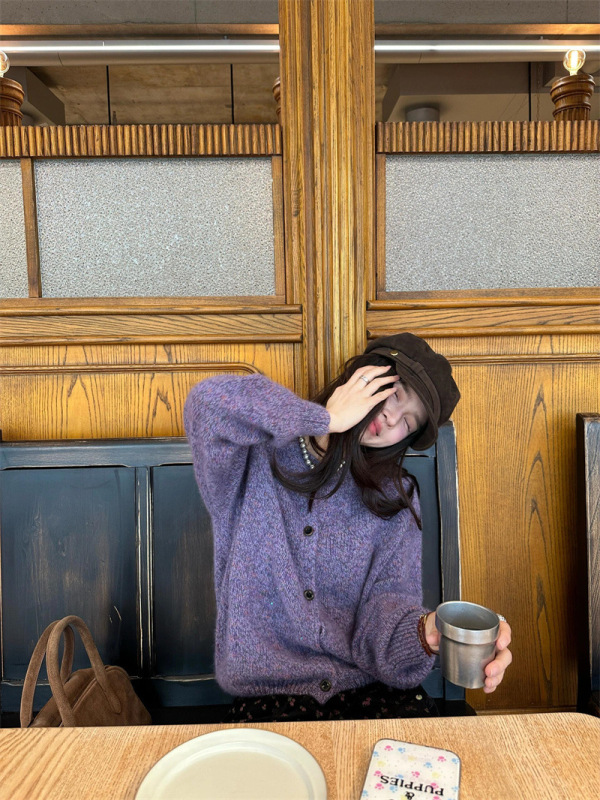 实拍~甜美软糯紫色毛衣开衫女秋冬新款丝绒碎花A字半身裙时尚套装|undefined