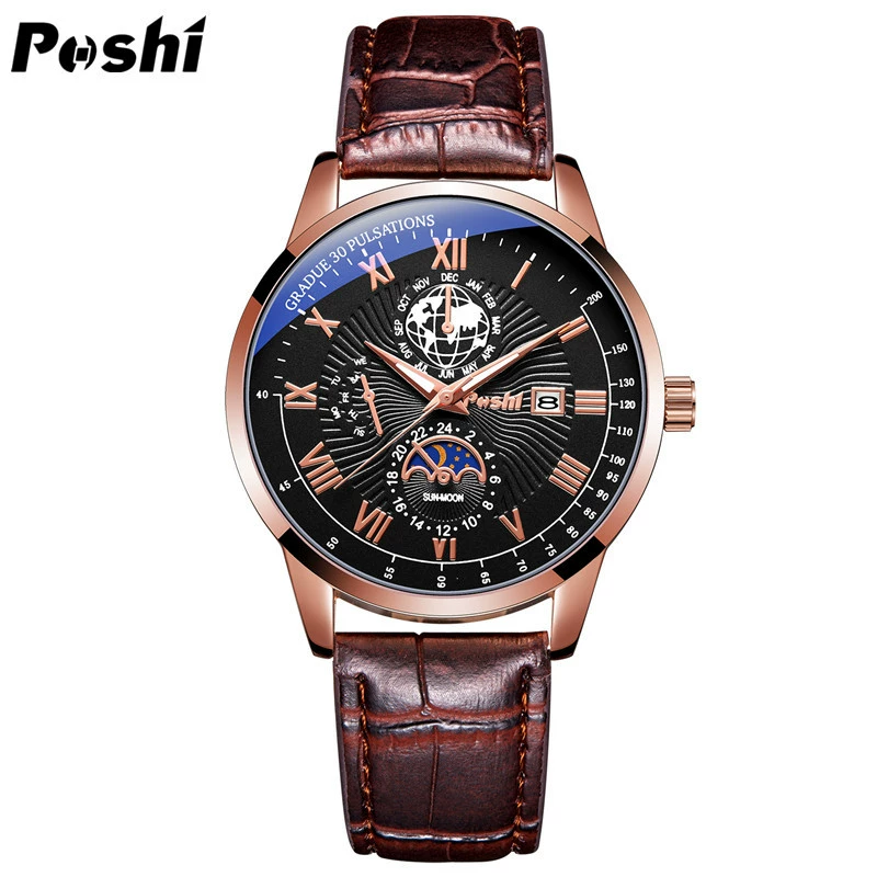 Poshi Classic ремень, кварцевые часы, водостойкие модные календарь, спортивные часы, натуральная кожа, оптовая продажа