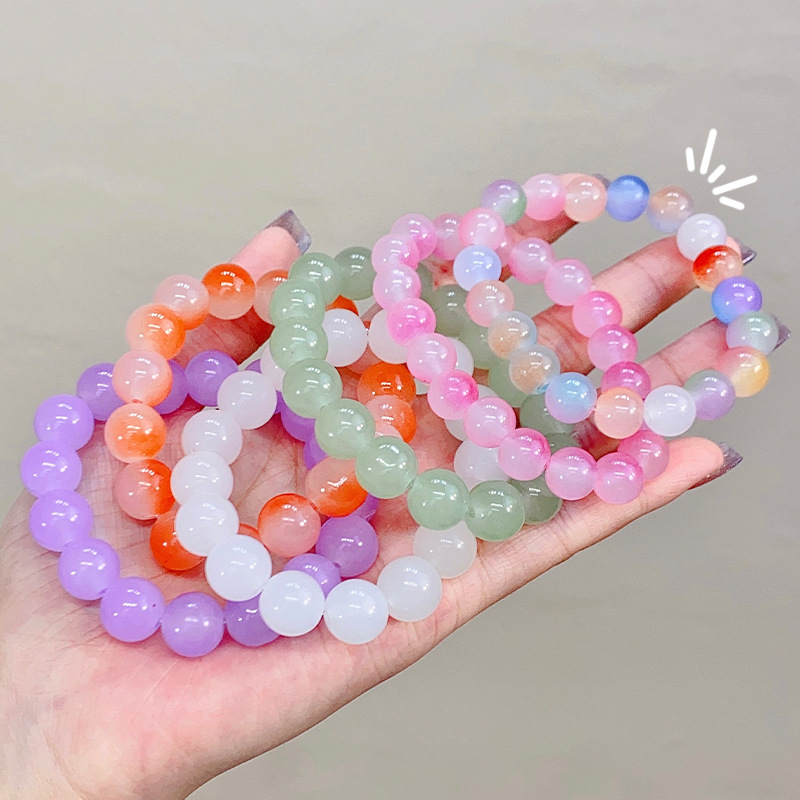 Crystal Glass Bracelet Female Ice Transparent Gradient round Beads Pliable Temperament Imitation White Plate Play Bracelet Student Bracelet Hand Jewelry