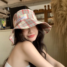 复古格子渔夫帽女夏季防晒遮阳帽显脸小大帽檐遮全脸盆帽太阳帽子