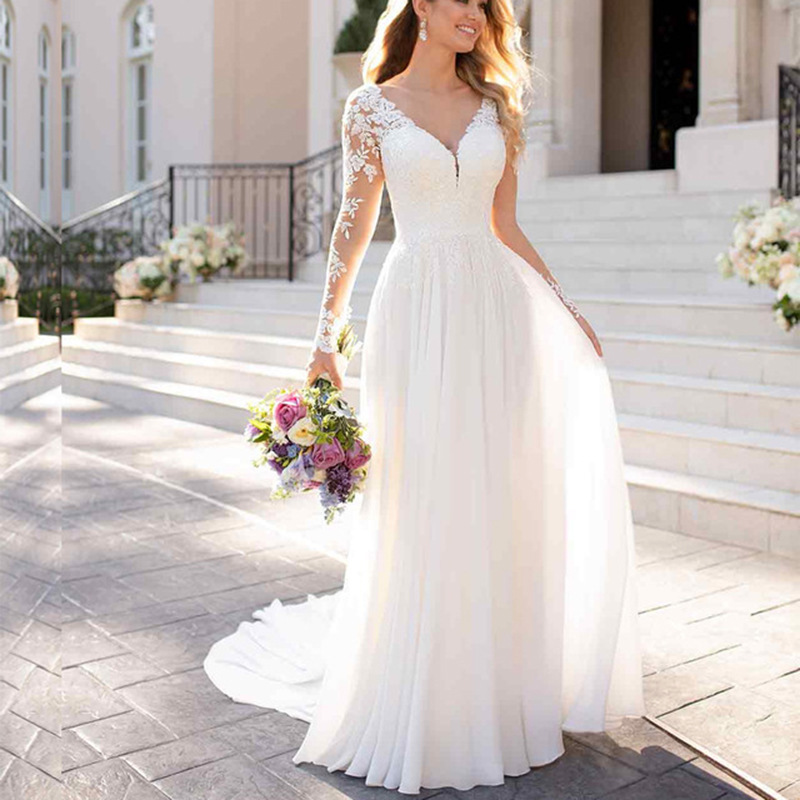 Foreign Trade Wedding Dress, Light Luxury New Style, Autumn Hot Sale, Lace French Appliqué, Deep V-Neck, Transparent Long Sleeves, Main Wedding Dress