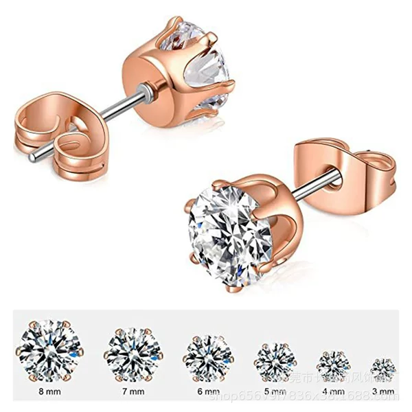 Cross-Border E-Commerce 316L Stainless Steel Six-Prong Round 3A Zircon Stud Earrings Unisex Ear Jewelry Piercing Products Wholesale
