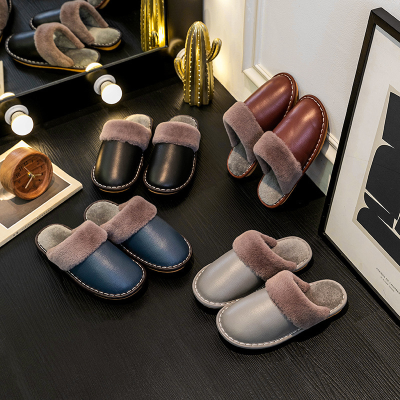 居家牛皮拖鞋男女秋冬季家居保暖厚底防滑防水皮面真皮毛毛棉拖鞋