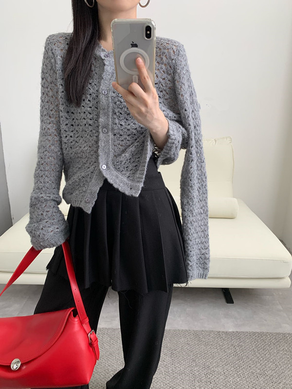 新品毛衣外套秋冬韩版经典女装高级感宽松镂空圆领针织开衫|undefined