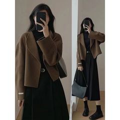 春秋女装奶系毛呢温柔秋冬外套2025高腰新款半身裙套装