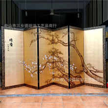 手绘金箔屏风松树梅花图中式客厅会议室沙发背景墙隔断可移动折屏