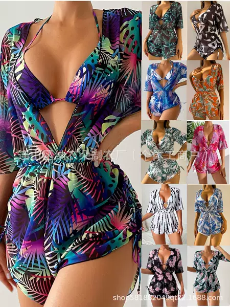 Swimwear Beach Sunscreen Tropical Plant Printed Blouse Swimwear Women's European and American Cross-border Three-piece Neck Bikini