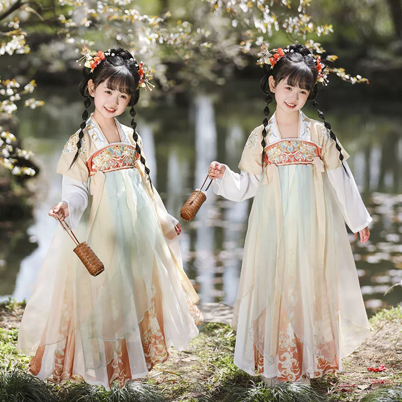 Древний костюм феи в китайском стиле Hanfu для девочек на весну и лето, детский костюм Тан в древнем стиле, легкий марлевый халат для маленькой девочки, струящаяся весна.