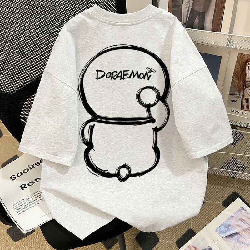 100% Cotton Japanese Style Simple Line Cartoon Doraemon Short-Sleeve T-Shirt for Boys and Girls Summer Oversized Short Sleeve