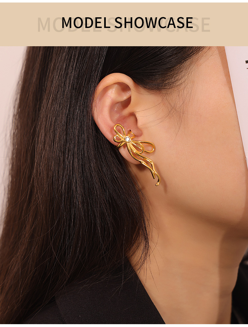 0.03µm-0.05µm Gold Plating Thickness PVD Coated Real Gold Plated Bow Knot Titanium Steel IG Style Simple Style Waterproof Non Tarnish Ear Cuffs