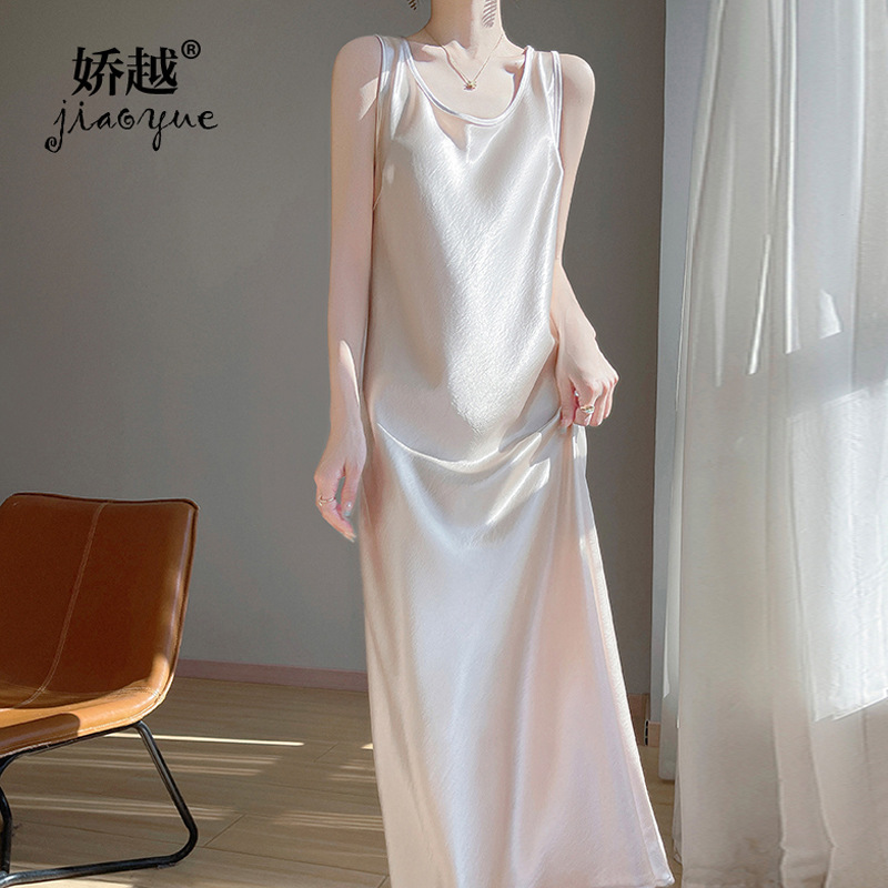 2025 Spring and Summer New Gilt Satin Round Neck Suspender Dress Pure Color High Waist Design Vest Long Skirt for Women
