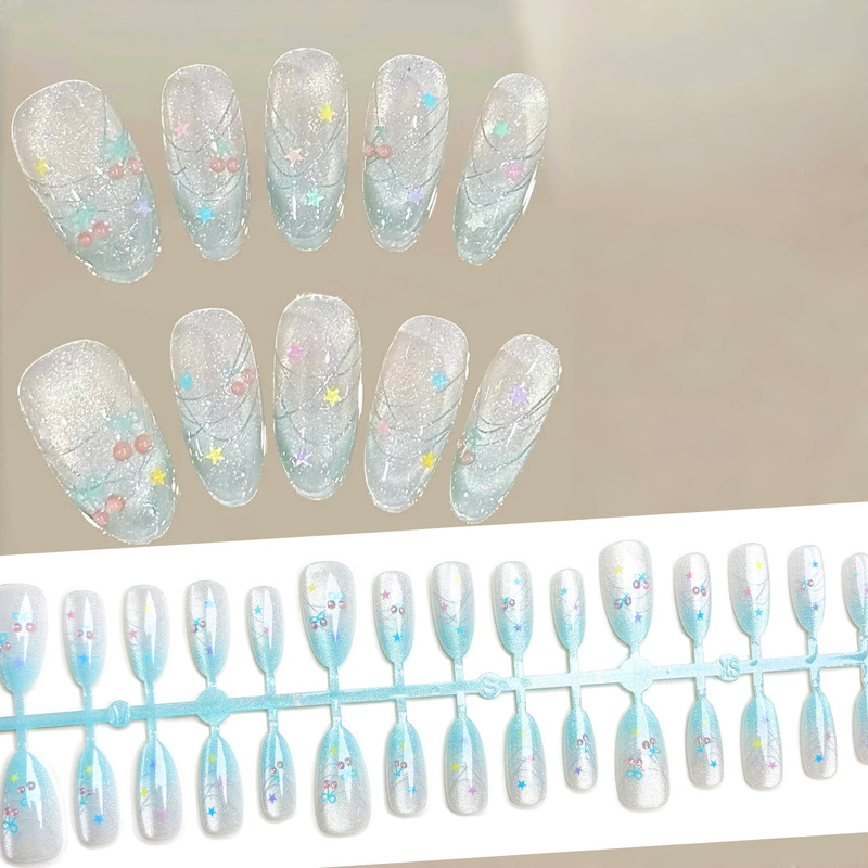 Mint Green Fine Glitter Cat Eye Star Nail Stickers, Long Style, Exclusive Niche Design for Summer, Nail Art Patches