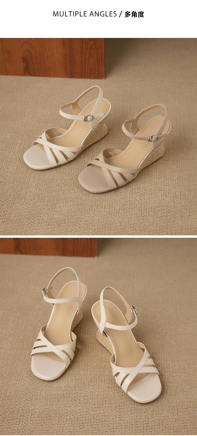 Sandal cao gót nữ hở mũi quai ngang đế xuồng bện cỏ — màu trắng ngà, màu mơ chi tiết 12