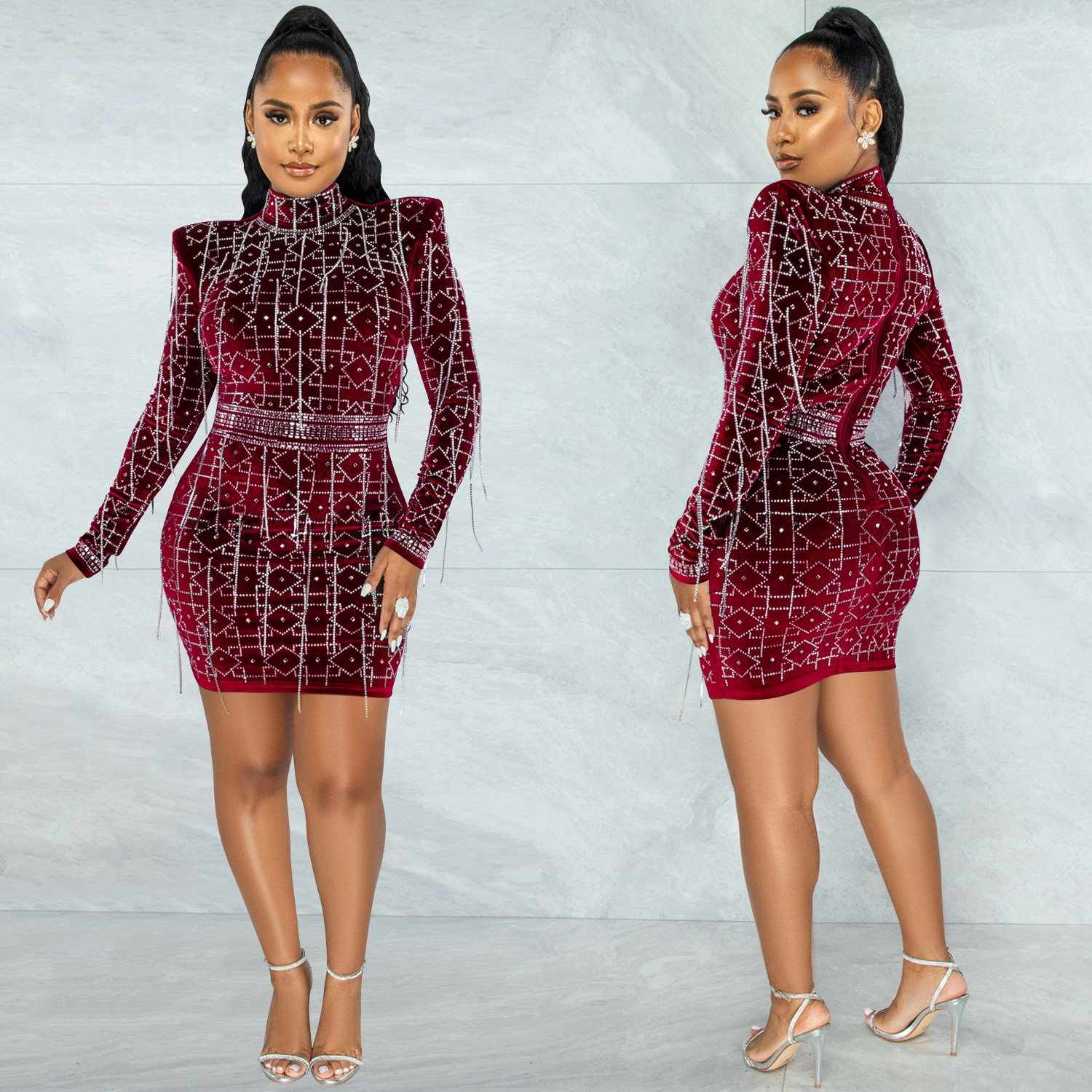 X5528 transfronterizo AliExpress Europa y América nuevo club nocturno sexy rhinestone de las mujeres de manga larga mediados de la falda vestido de la cadena de las mujeres image 4