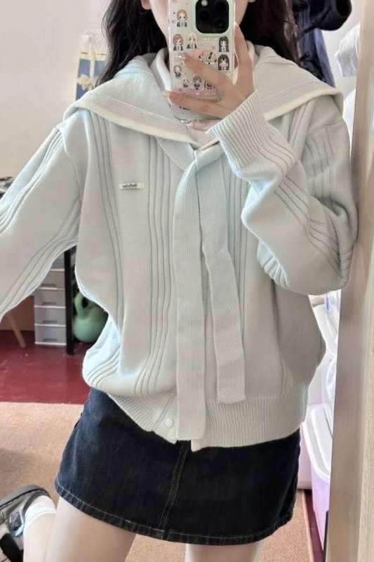 Navy Collar Preppy Style Blue Knitted Sweater Cardigan for Women Spring & Fall 2025 New Korean Style Lazy Petite Top