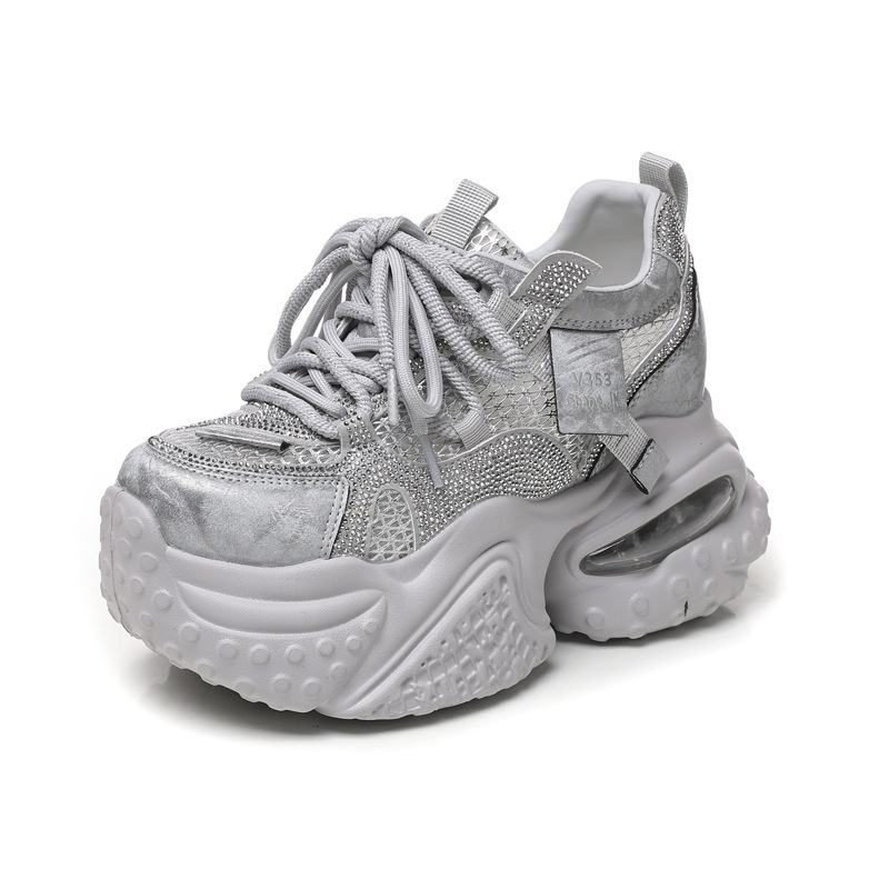 Giày sneaker nữ đế dày lưới thoáng khí đính đá pha lê — màu trắng
