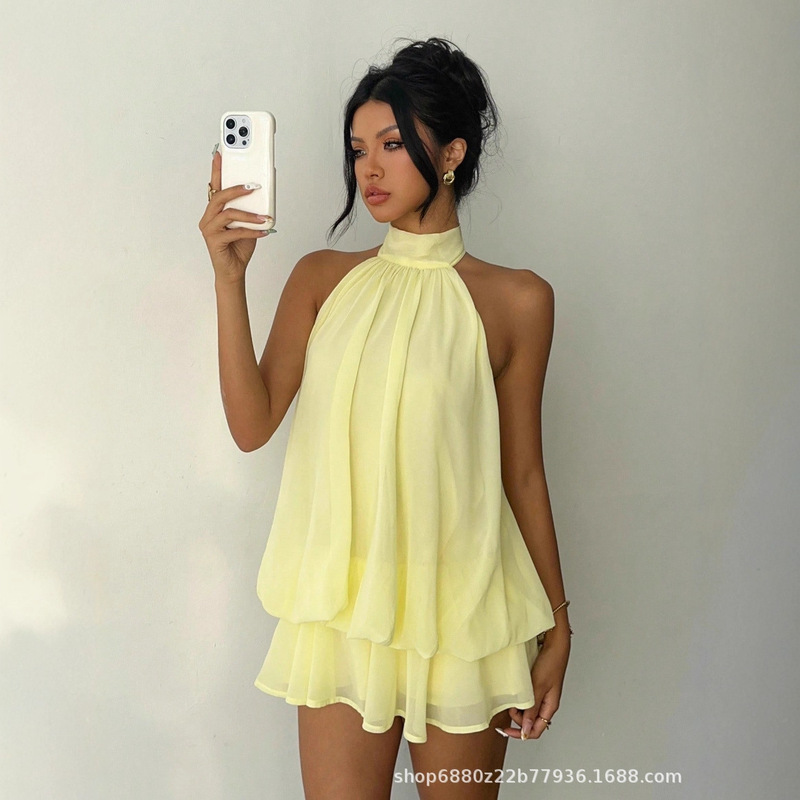 [Can Be Customized] European and American 2025 New Women's Chiffon Elegant Cream Yellow Backless Lace-Up Mini Dress